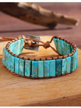 Turquoise Beaded Leather Wrap Bracelet - Blue